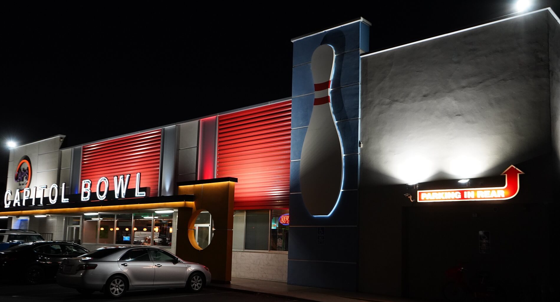 Capitol Bowl exterior at night