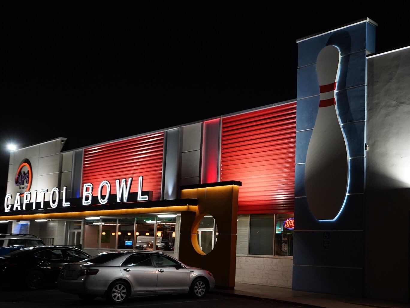 Capitol Bowl exterior at night
